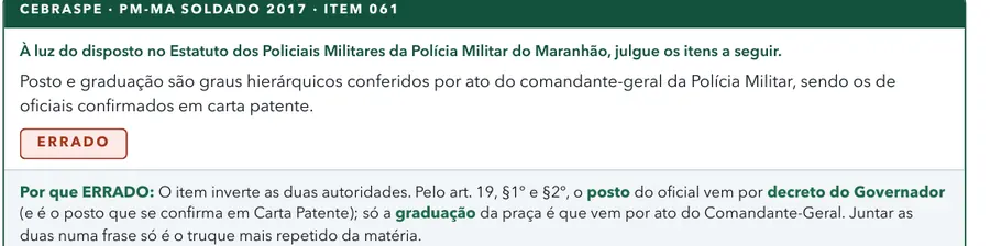 Recorte de um mapa mostrando item real do Cebraspe com gabarito e comentário