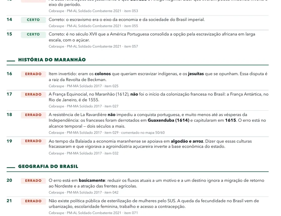 Página do gabarito comentado, com a prova de origem de cada item