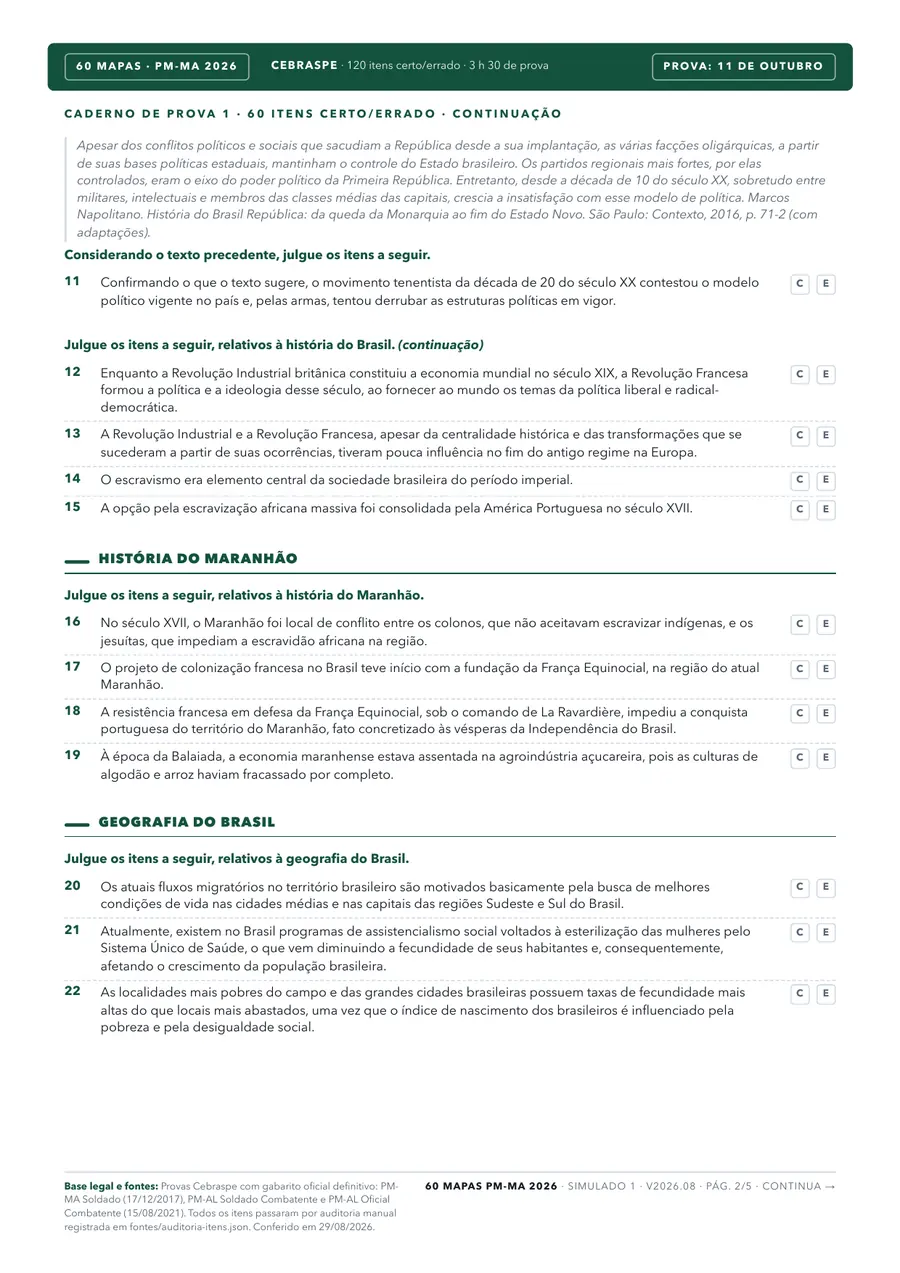 Página do caderno de simulado com itens e campos de marcação C e E